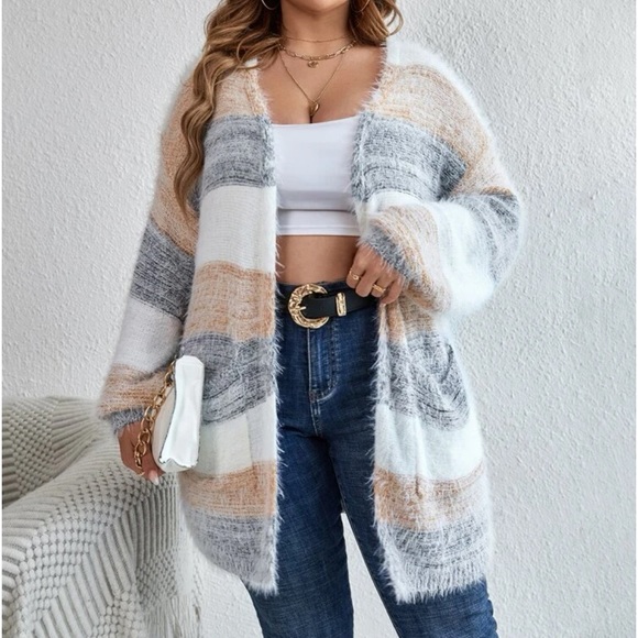 Plus Size Colorblock Drop Shoulder Knit Cardigan Sweater - Picture 2 of 5